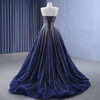Navy Blue High End Sexy Strapless Crystal Beaded Luxury Pearls Lace Up Bride Gowns Wedding Dress Custom Made HM23102
