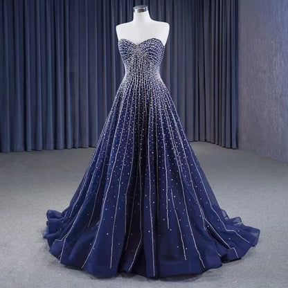 Navy Blue High End Sexy Strapless Crystal Beaded Luxury Pearls Lace Up Bride Gowns Wedding Dress Custom Made HM23102