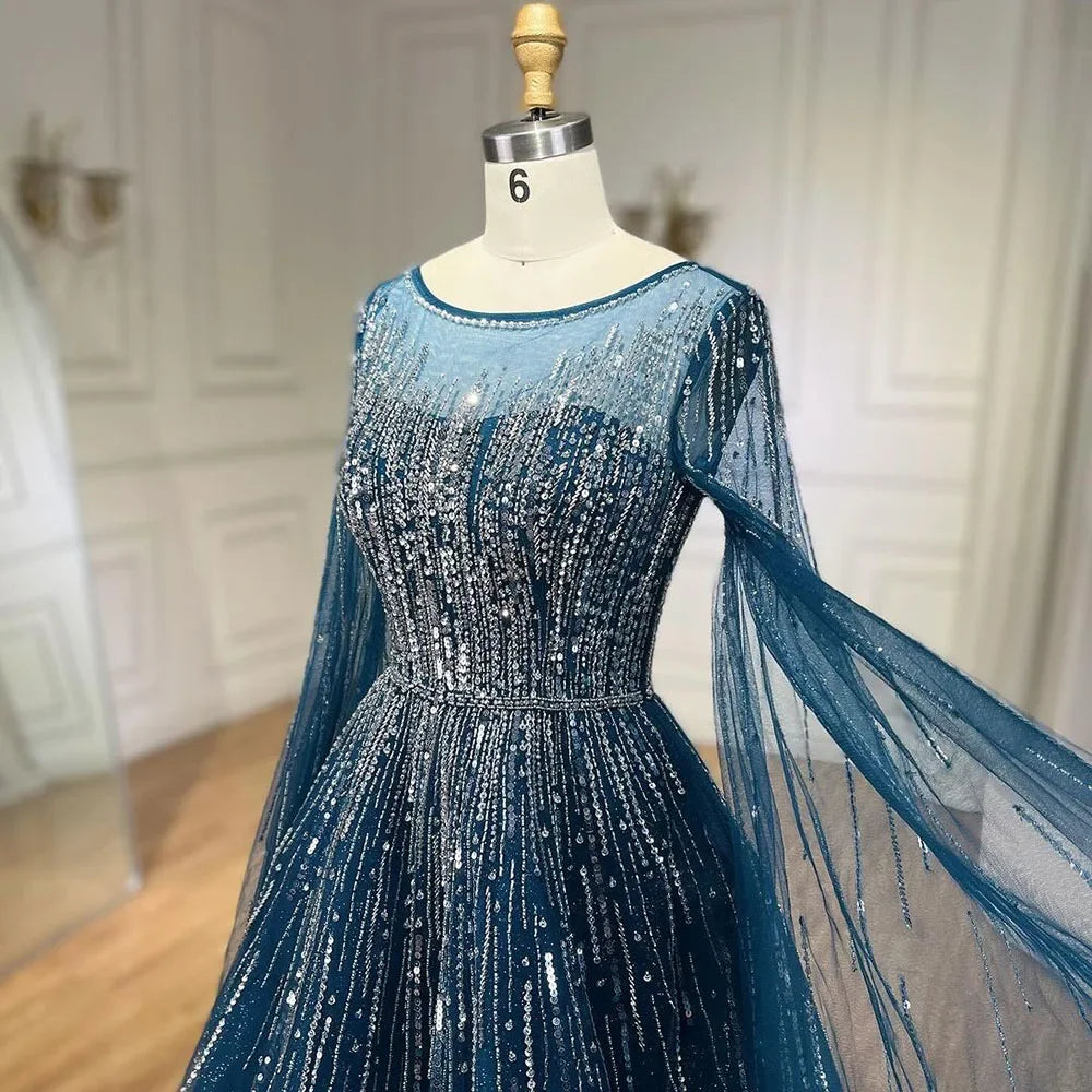Navy Blue Luxury Evening Dresses with Cape Sleeves A-Line Beaded Gown For Women's Wedding Party 2025 LA72248A