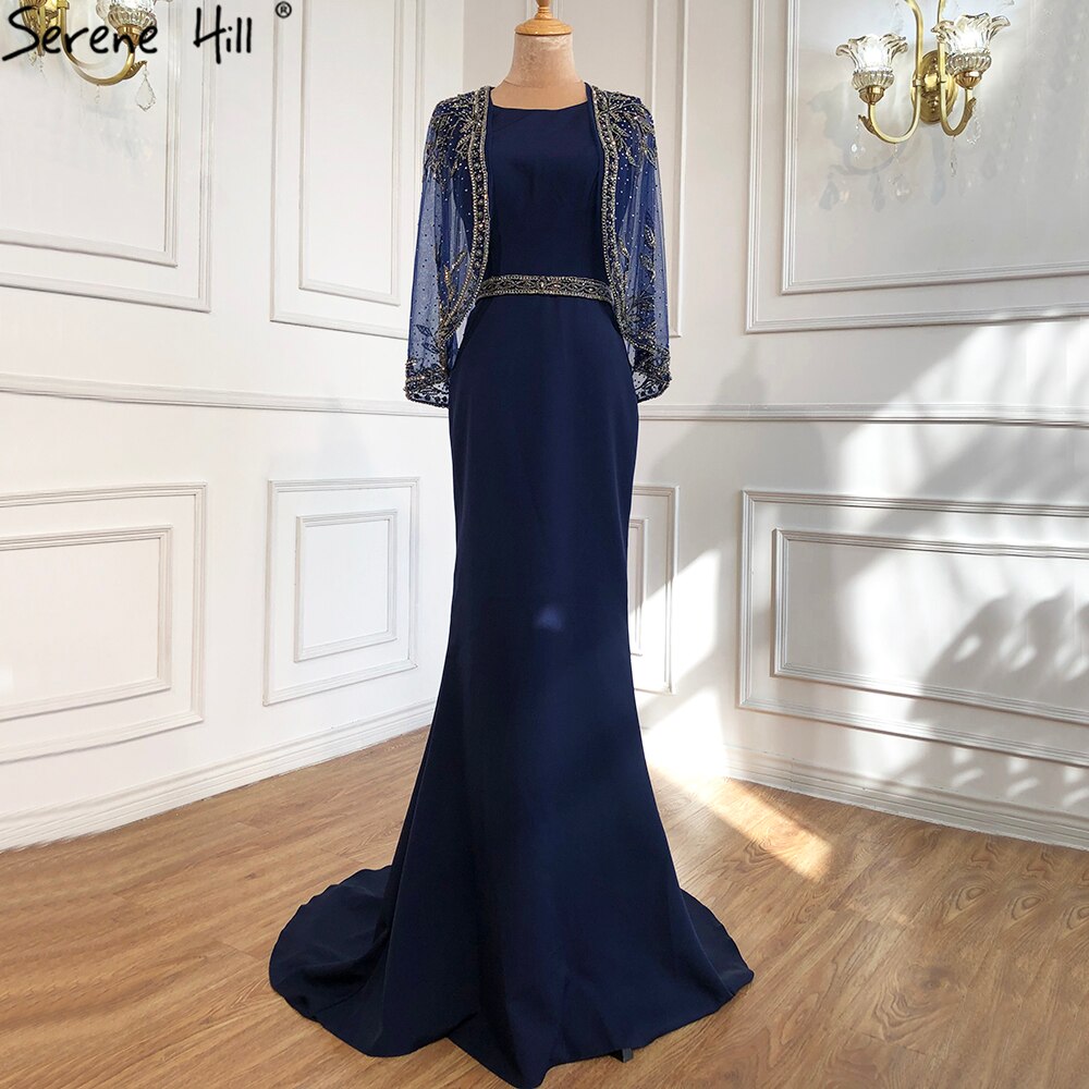Navy Blue Mermaid Elegante Abendkleider Kleider 2025 Satin Perlen Schal Garn Sexy Für Frauen Party LA70884 