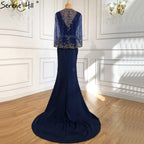 Navy Blue Mermaid Elegante Abendkleider Kleider 2025 Satin Perlen Schal Garn Sexy Für Frauen Party LA70884 