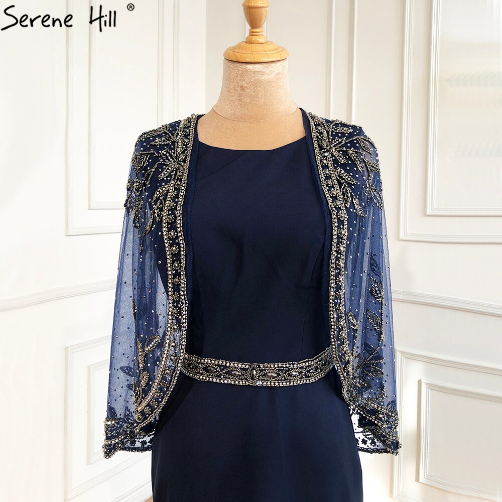 Navy Blue Mermaid Elegante Abendkleider Kleider 2025 Satin Perlen Schal Garn Sexy Für Frauen Party LA70884 