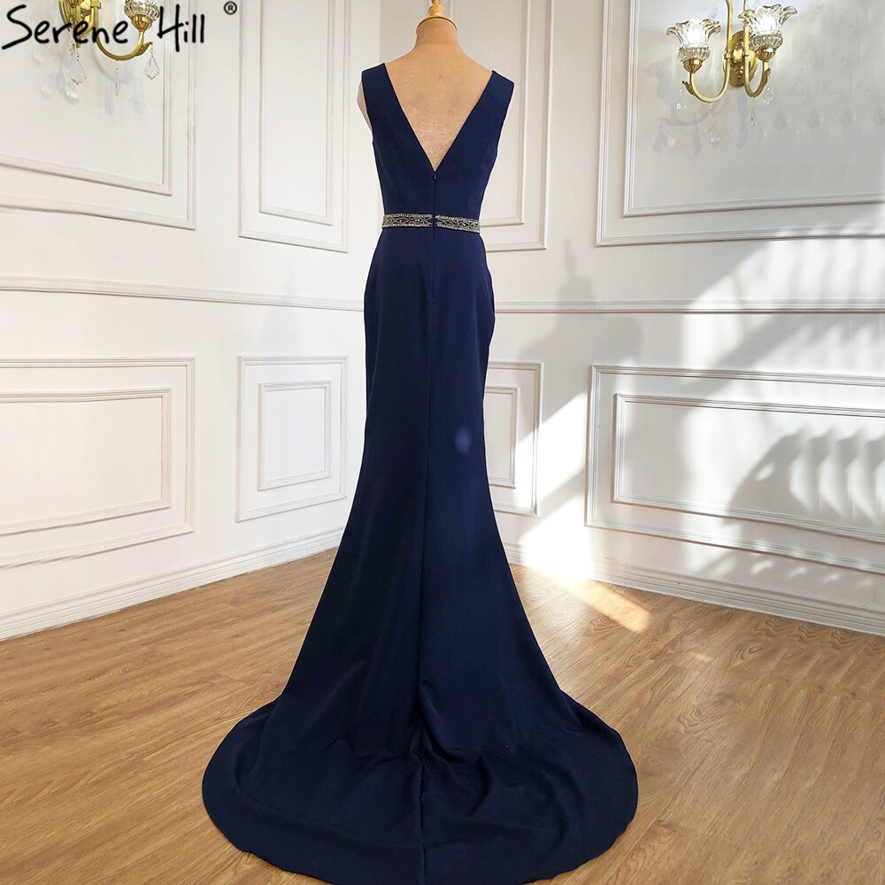 Navy Blue Mermaid Elegante Abendkleider Kleider 2025 Satin Perlen Schal Garn Sexy Für Frauen Party LA70884 