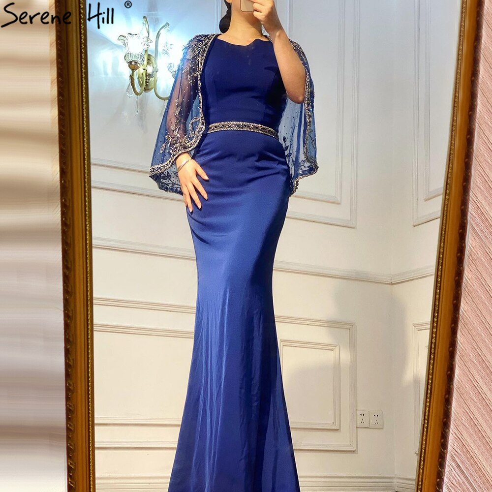 Navy Blue Mermaid Elegante Abendkleider Kleider 2025 Satin Perlen Schal Garn Sexy Für Frauen Party LA70884 