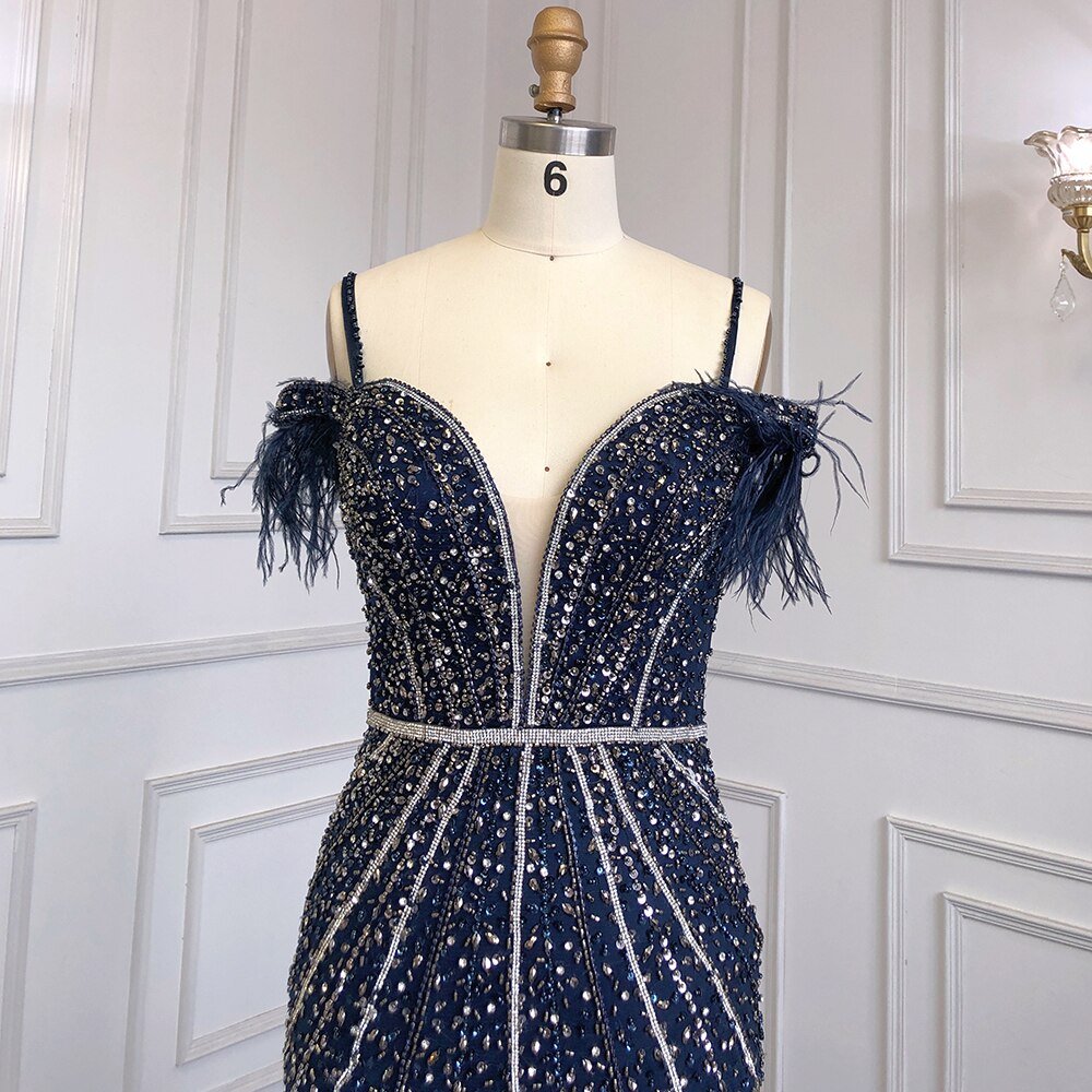 Luxury Feathers Navy Blue Prom Evening Dresses LA71656