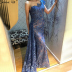 Navy Blue Mermaid Evening Dresses Dubai One Shoulder Sexy Flowers Formal Dress Design LA70753