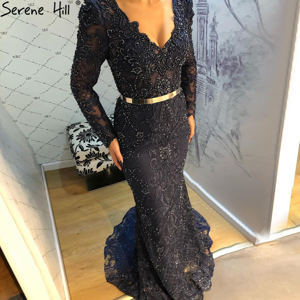 Navy Blue Mermaid Spitze Perlen Muslimischen Luxus Abendkleider Kleider 2025 Party Für Frau LA71075 