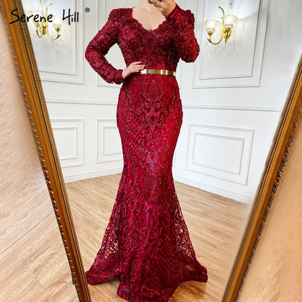 Navy Blue Mermaid Spitze Perlen Muslimischen Luxus Abendkleider Kleider 2025 Party Für Frau LA71075 