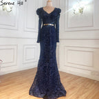 Navy Blue Mermaid Spitze Perlen Muslimischen Luxus Abendkleider Kleider 2025 Party Für Frau LA71075 