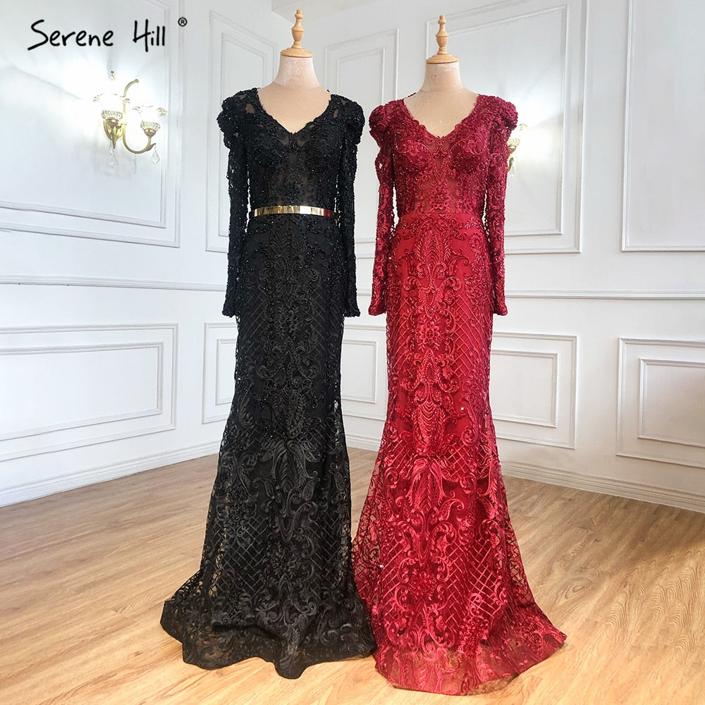 Navy Blue Mermaid Spitze Perlen Muslimischen Luxus Abendkleider Kleider 2025 Party Für Frau LA71075 