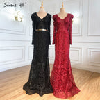 Navy Blue Mermaid Spitze Perlen Muslimischen Luxus Abendkleider Kleider 2025 Party Für Frau LA71075 