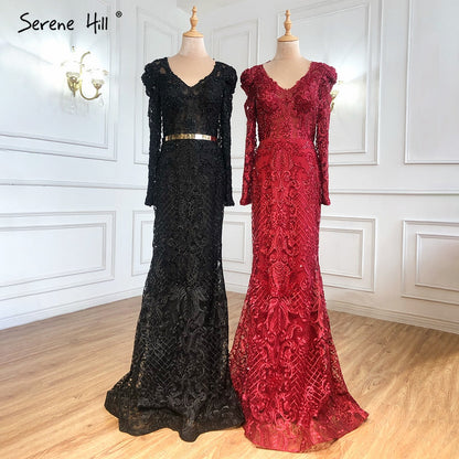 Navy Blue Mermaid Lace Beaded  Muslim Luxury Evening Dresses Gowns 2025 Party  For Woman LA71075