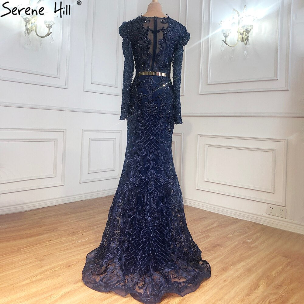 Navy Blue Mermaid Spitze Perlen Muslimischen Luxus Abendkleider Kleider 2025 Party Für Frau LA71075 