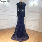 Navy Blue Mermaid Spitze Perlen Muslimischen Luxus Abendkleider Kleider 2025 Party Für Frau LA71075 