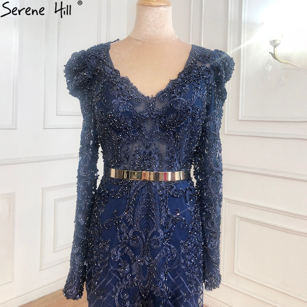 Navy Blue Mermaid Spitze Perlen Muslimischen Luxus Abendkleider Kleider 2025 Party Für Frau LA71075 