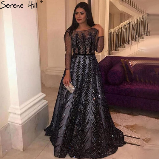 Navy Blue Muslim Velvet Evening Dresses Gowns 2025 Beaded Luxury A-Line For Woman Party LA71078