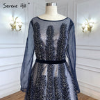 Navy Blue Muslim Velvet Evening Dresses Gowns 2025 Beaded Luxury A-Line For Woman Party LA71078
