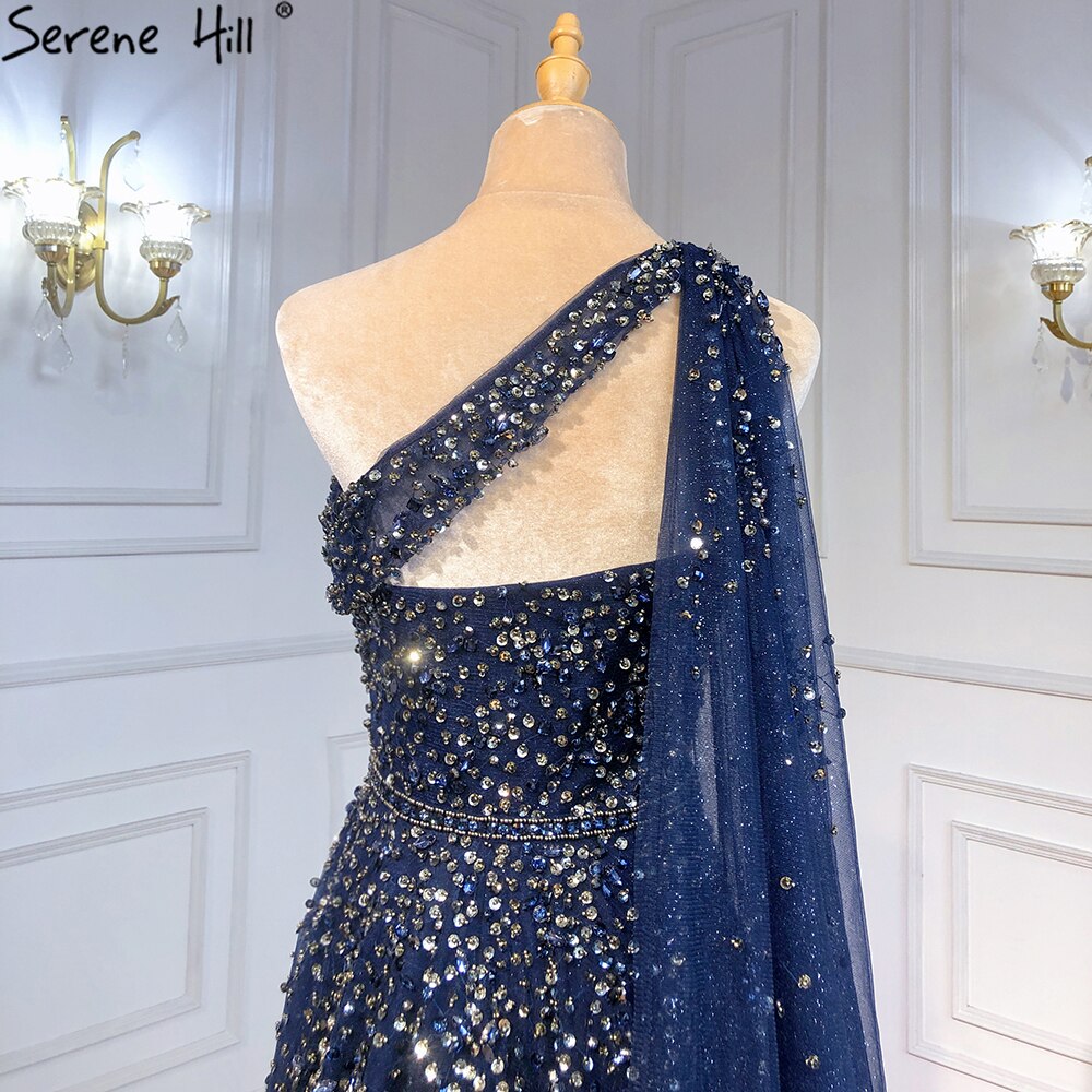 Navy Blue One Shouler Cape Sleeve Evening Dresses Gowns 2025 A-Line Beaded Luxury For Woman Party LA71432