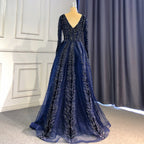Navy Blue Velvet Muslim Mermaid Elegant Evening Dresses Beaded Long Sleeves With Skirt Not Removable 2025 LA71691