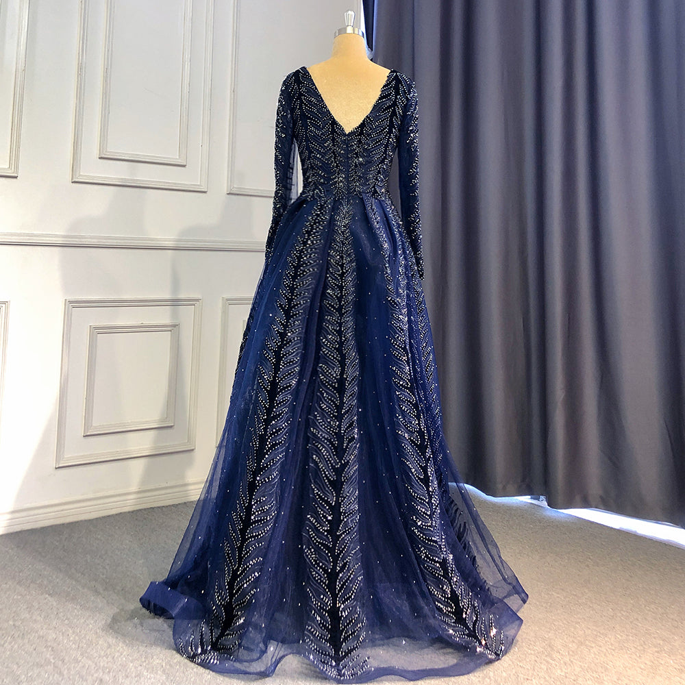 Navy Blue Velvet Muslim Mermaid Elegant Evening Dresses Beaded Long Sleeves With Skirt Not Removable 2025 LA71691