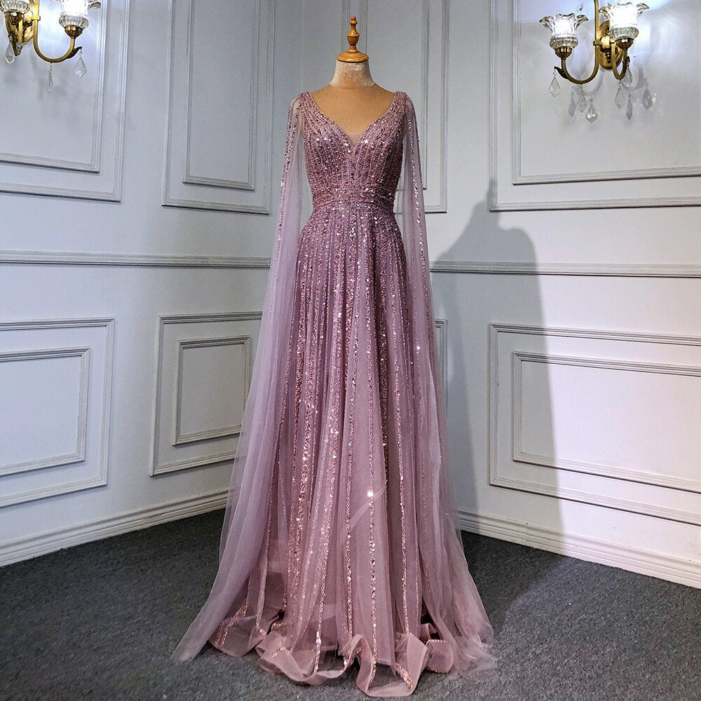 Luxuriöses hautfarbenes Dubai-Abendkleid mit Cape-Ärmeln LA71567
