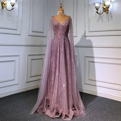 Luxuriöses hautfarbenes Dubai-Abendkleid mit Cape-Ärmeln LA71567