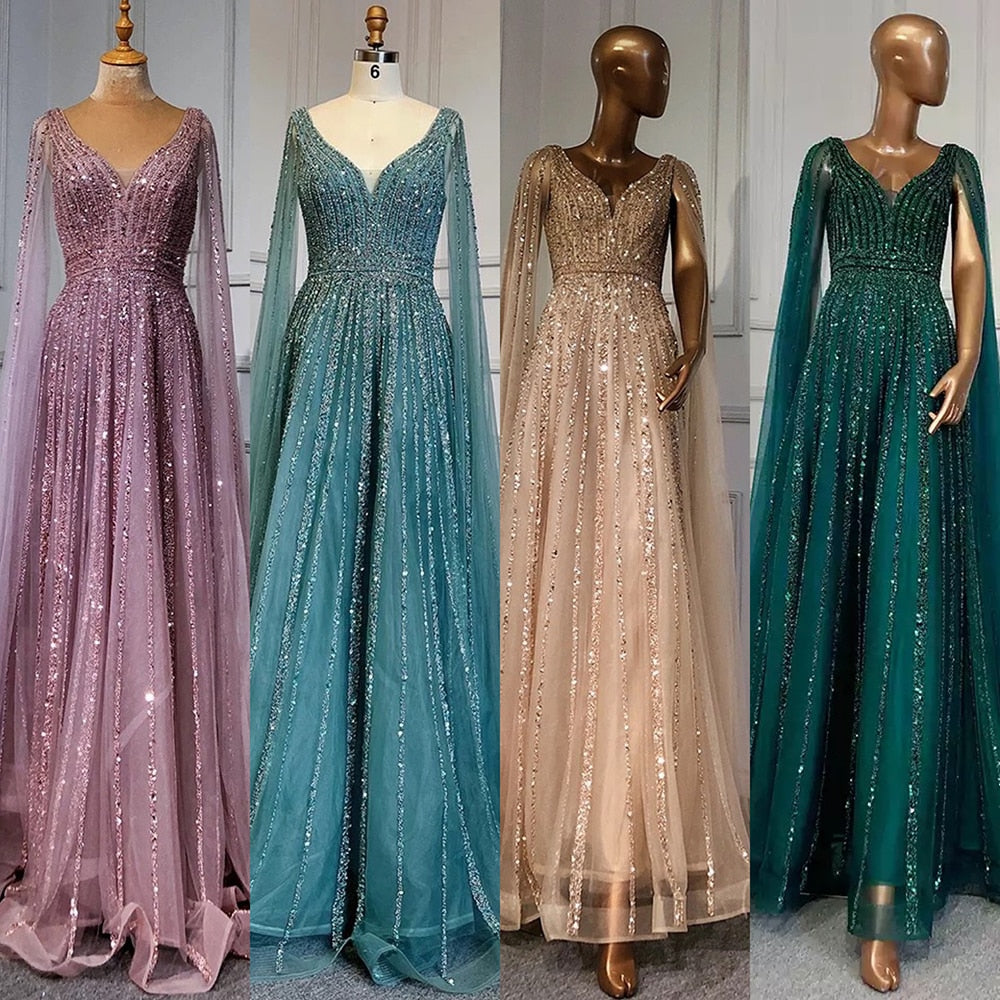 Luxuriöses hautfarbenes Dubai-Abendkleid mit Cape-Ärmeln LA71567