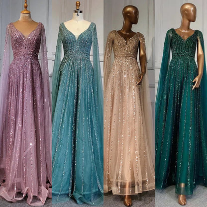 Luxuriöses hautfarbenes Dubai-Abendkleid mit Cape-Ärmeln LA71567
