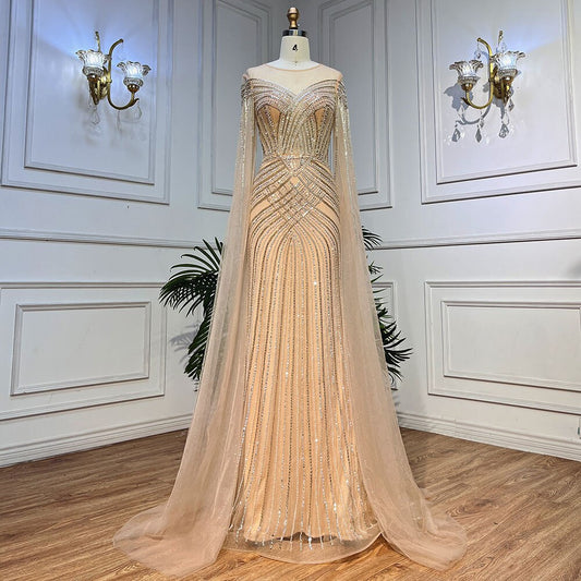 Nude Arabic Mermaid Cape Sleeves O-neck Beaded Evening Dresses Luxury Gowns 2025 For Women Wedding Party LA72012