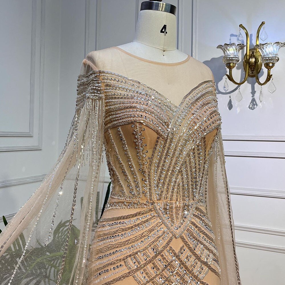 Nude Arabic Mermaid Cape Sleeves O-neck Beaded Evening Dresses Luxury Gowns 2025 For Women Wedding Party LA72012
