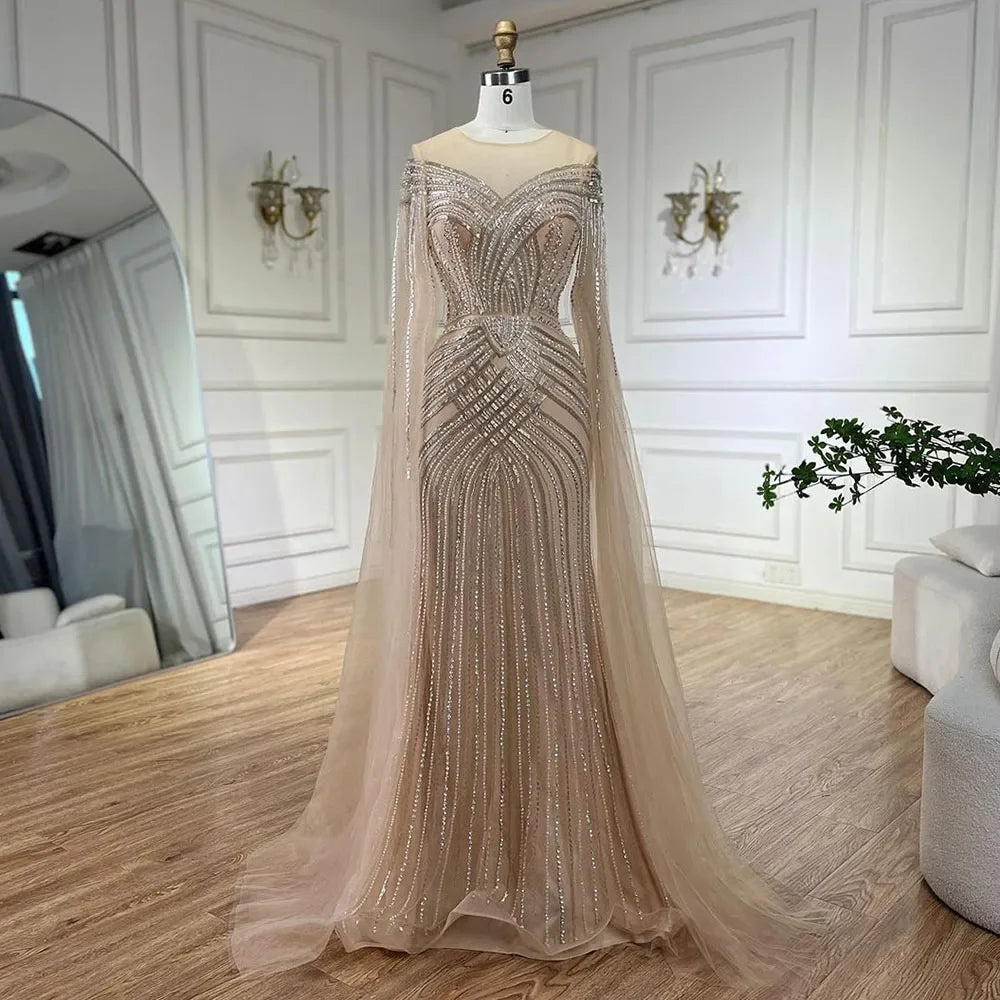 Nude Arabisch Meerjungfrau Cape Ärmel Oansatz Perlen Abendkleider Luxus Kleider 2025 Für Frauen Hochzeit Party LA72012 