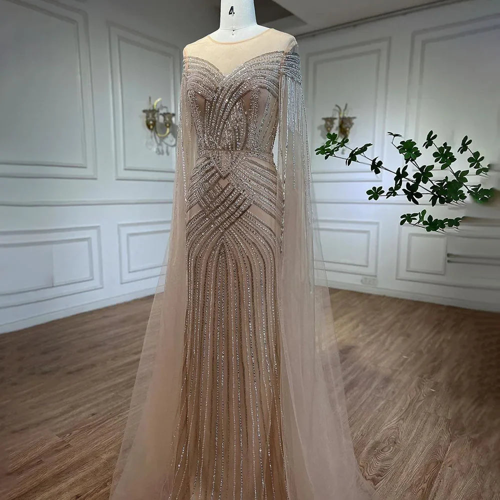 Nude Arabisch Meerjungfrau Cape Ärmel Oansatz Perlen Abendkleider Luxus Kleider 2025 Für Frauen Hochzeit Party LA72012 