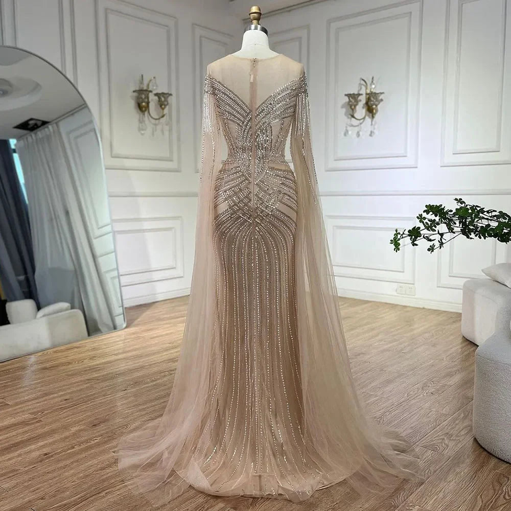 Nude Arabisch Meerjungfrau Cape Ärmel Oansatz Perlen Abendkleider Luxus Kleider 2025 Für Frauen Hochzeit Party LA72012 
