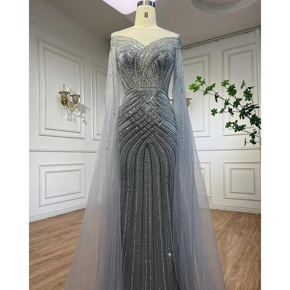 Nude Arabisch Meerjungfrau Cape Ärmel Oansatz Perlen Abendkleider Luxus Kleider 2025 Für Frauen Hochzeit Party LA72012 