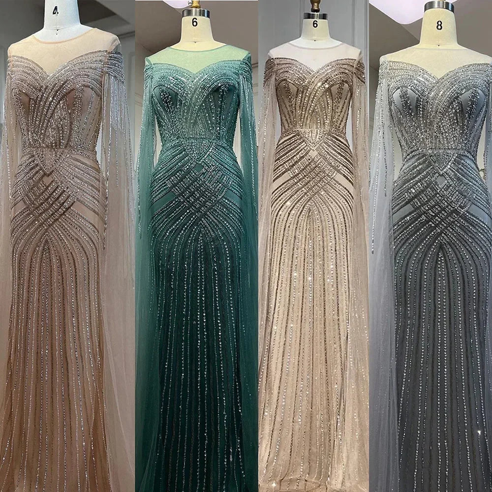 Nude Arabisch Meerjungfrau Cape Ärmel Oansatz Perlen Abendkleider Luxus Kleider 2025 Für Frauen Hochzeit Party LA72012 