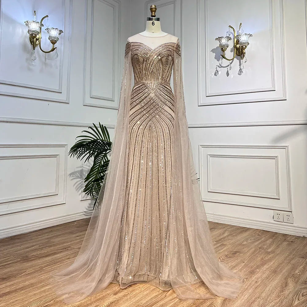 Nude Arabisch Meerjungfrau Cape Ärmel Oansatz Perlen Abendkleider Luxus Kleider 2025 Für Frauen Hochzeit Party LA72012 