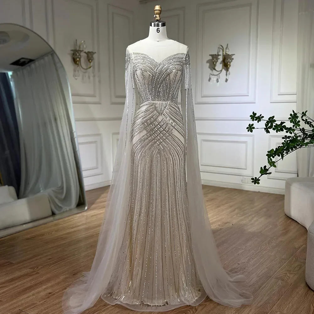 Nude Arabisch Meerjungfrau Cape Ärmel Oansatz Perlen Abendkleider Luxus Kleider 2025 Für Frauen Hochzeit Party LA72012 