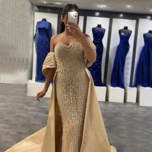 Nude Beaded Mermaid Evening Gown Off Shoulder Shawl Crystal Detailing for Formal Occasion  2025 LA72819
