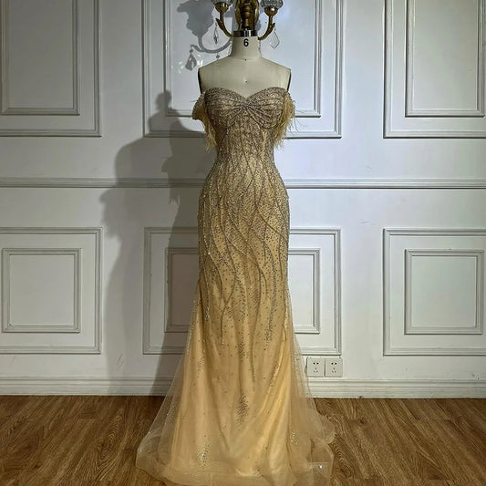 Nude Beaded Mermaid Evening Gown with Feathered Detail for Formal Occasion  2025 LA72818