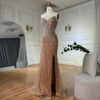 Nudefarbenes, perlenbesetztes Meerjungfrauen-Abendkleid mit hohem Schlitz für formelle Anlässe LA72904 2025