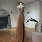 Nudefarbenes, perlenbesetztes Meerjungfrauen-Abendkleid mit hohem Schlitz für formelle Anlässe LA72904 2025