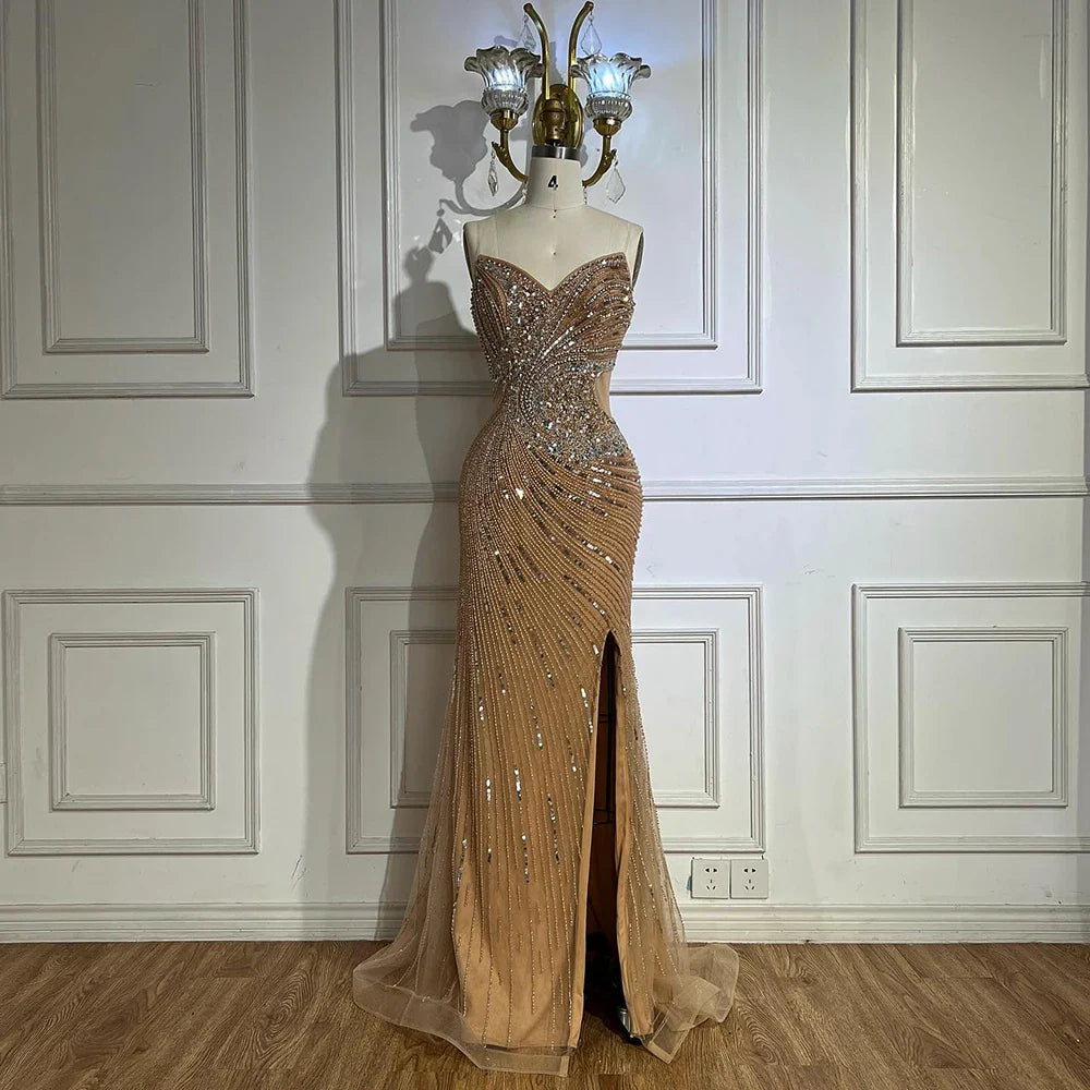 Nudefarbenes, perlenbesetztes Meerjungfrauen-Abendkleid mit hohem Schlitz für formelle Anlässe LA72904 2025