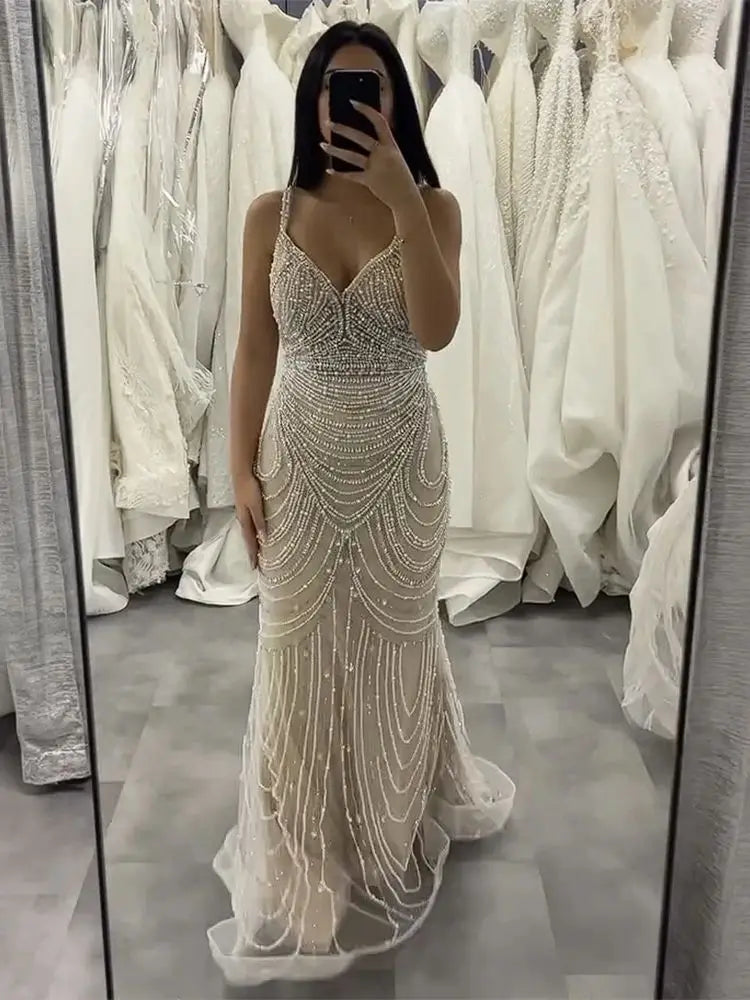 Vestido de noche árabe saudí con cuentas color piel y tirantes finos para ocasiones formales LA72253A 2025