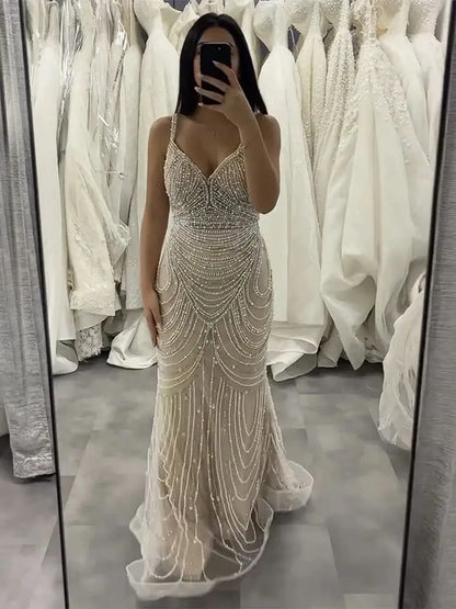 Vestido de noche árabe saudí con cuentas color piel y tirantes finos para ocasiones formales LA72253A 2025