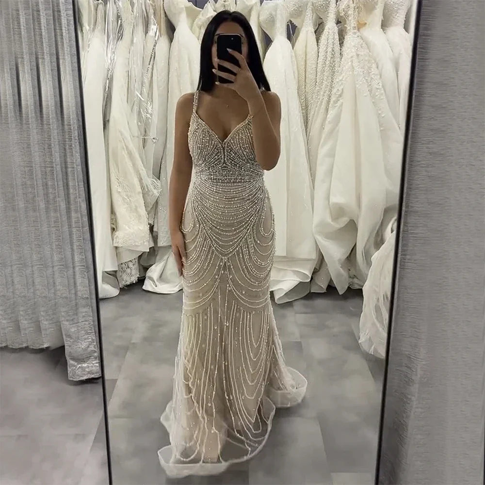Vestido de noche árabe saudí con cuentas color piel y tirantes finos para ocasiones formales LA72253A 2025