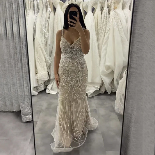 Vestido de noche árabe saudí con cuentas color piel y tirantes finos para ocasiones formales LA72253A 2025
