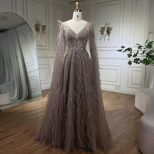 Federn Nude A-Linie Abendkleider mit Cape-Ärmeln LA72304