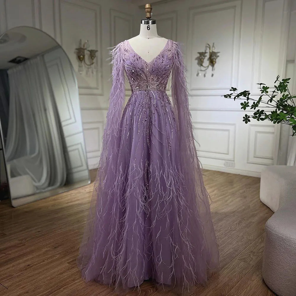 Feathers Nude A-line Evening Dresses with Cape Sleeves LA72304