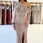 Nude High Split Meerjungfrau Abendkleider Kleider 2025 Luxus Perlen Eine Schulter Elegant Für Frauen Party LA70258 