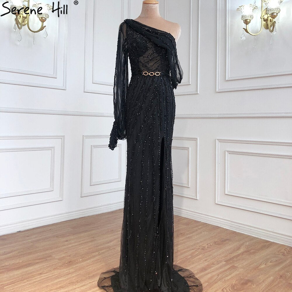 Nude High Split Meerjungfrau Abendkleider Kleider 2025 Luxus Perlen Eine Schulter Elegant Für Frauen Party LA70258 